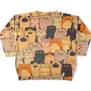 Allover Cat Print Soft Sweater Crewneck Cotton Wool Knit Women 2X/3X Men XL/XXL